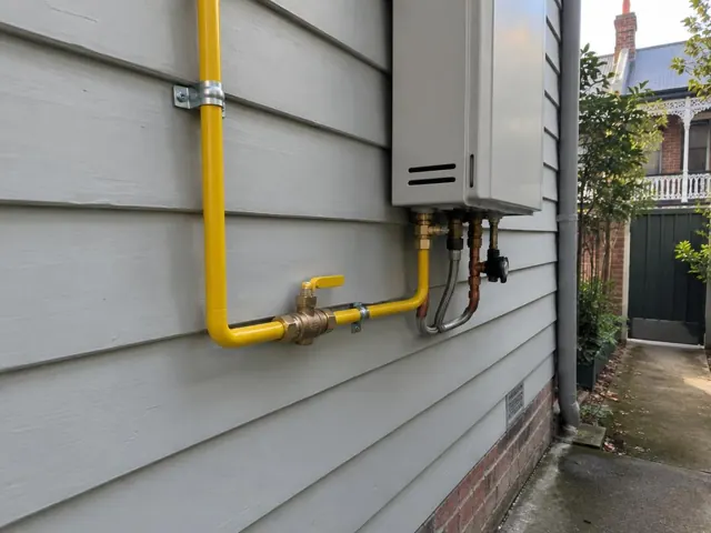 Yellow gas pipe and fittings beside an outdoor wall-mounted unit on a weatherboard house in Camperdown